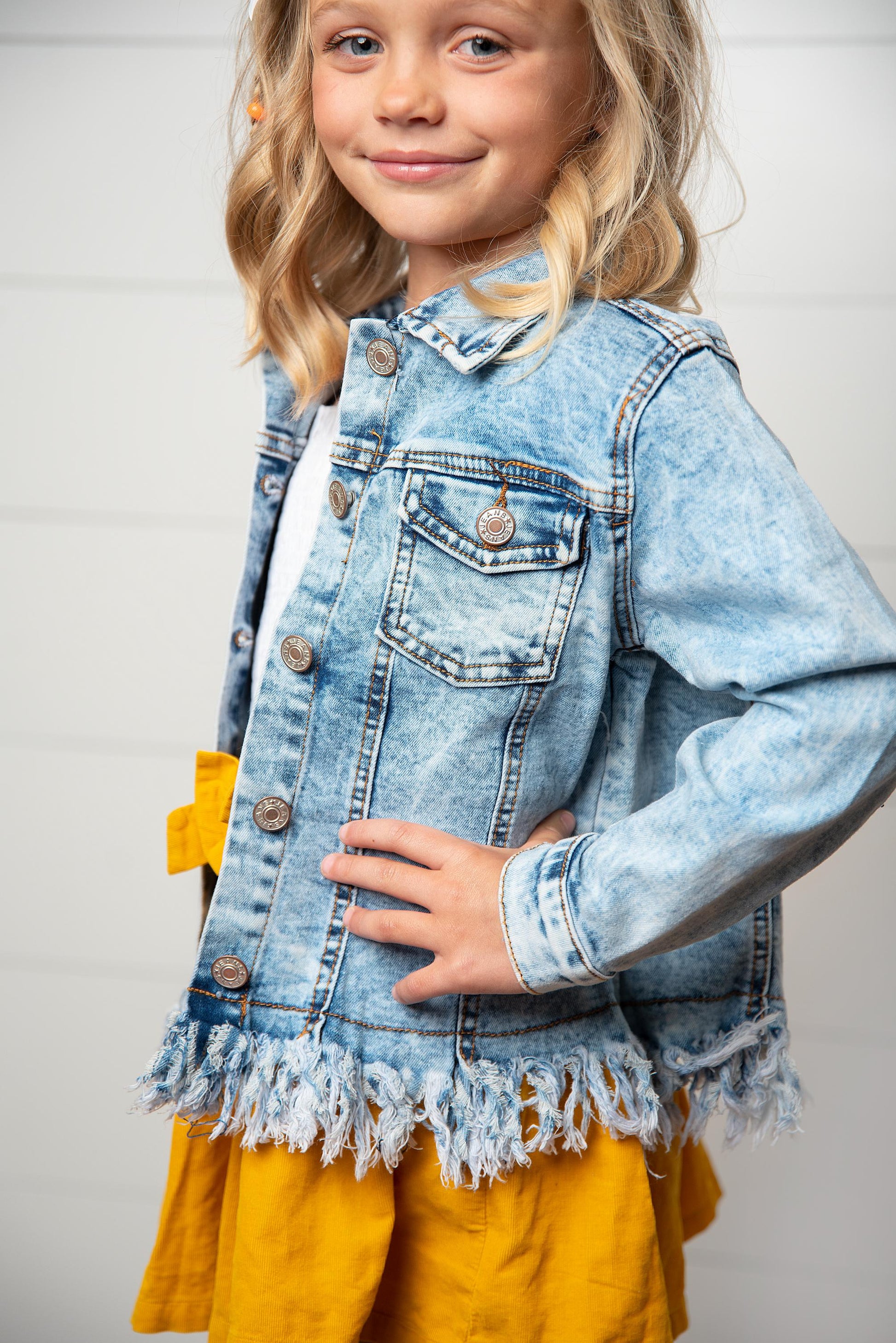 Girls Light Wash Distressed Denim Jacket with Fringe Hem – Western Cowgirl Style