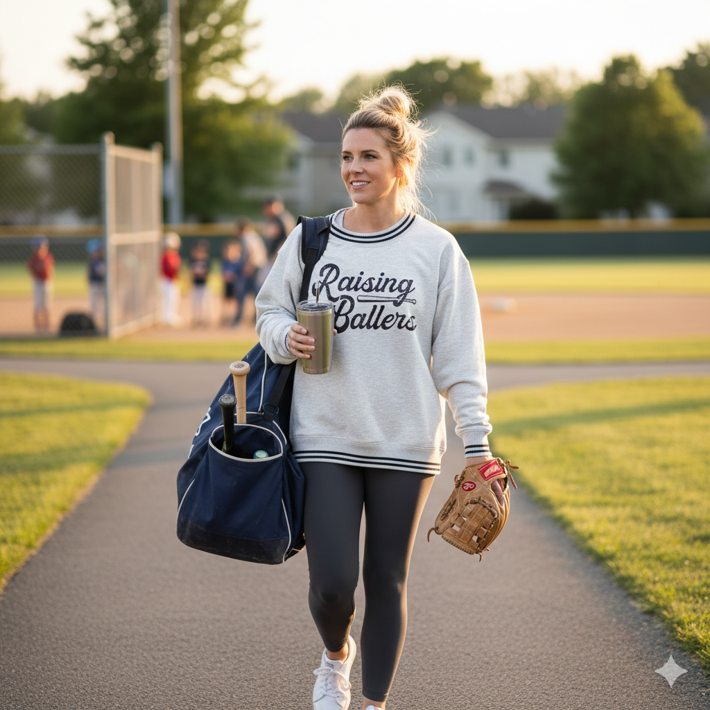 Baseball mom wearing raising ballers sweatshirt
