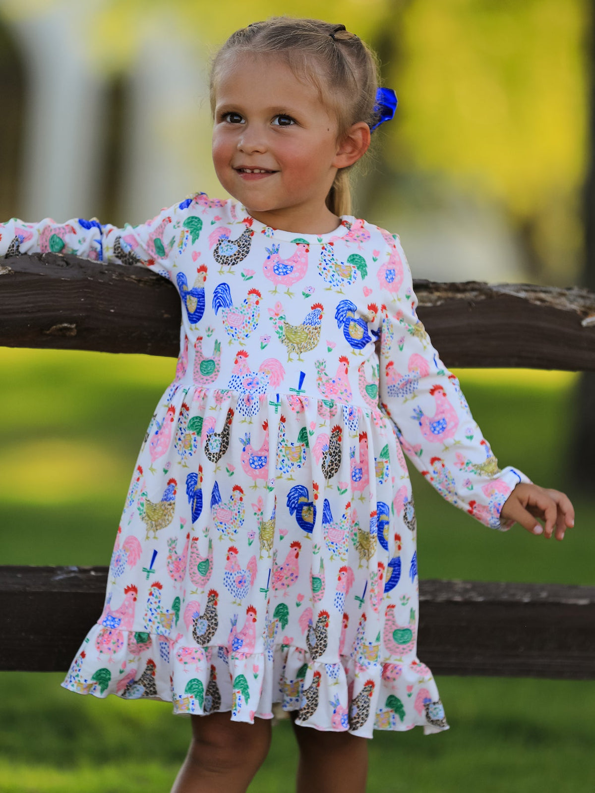 Girls Fall Farm Chicken Print Ruffle Hem Twirl Dress