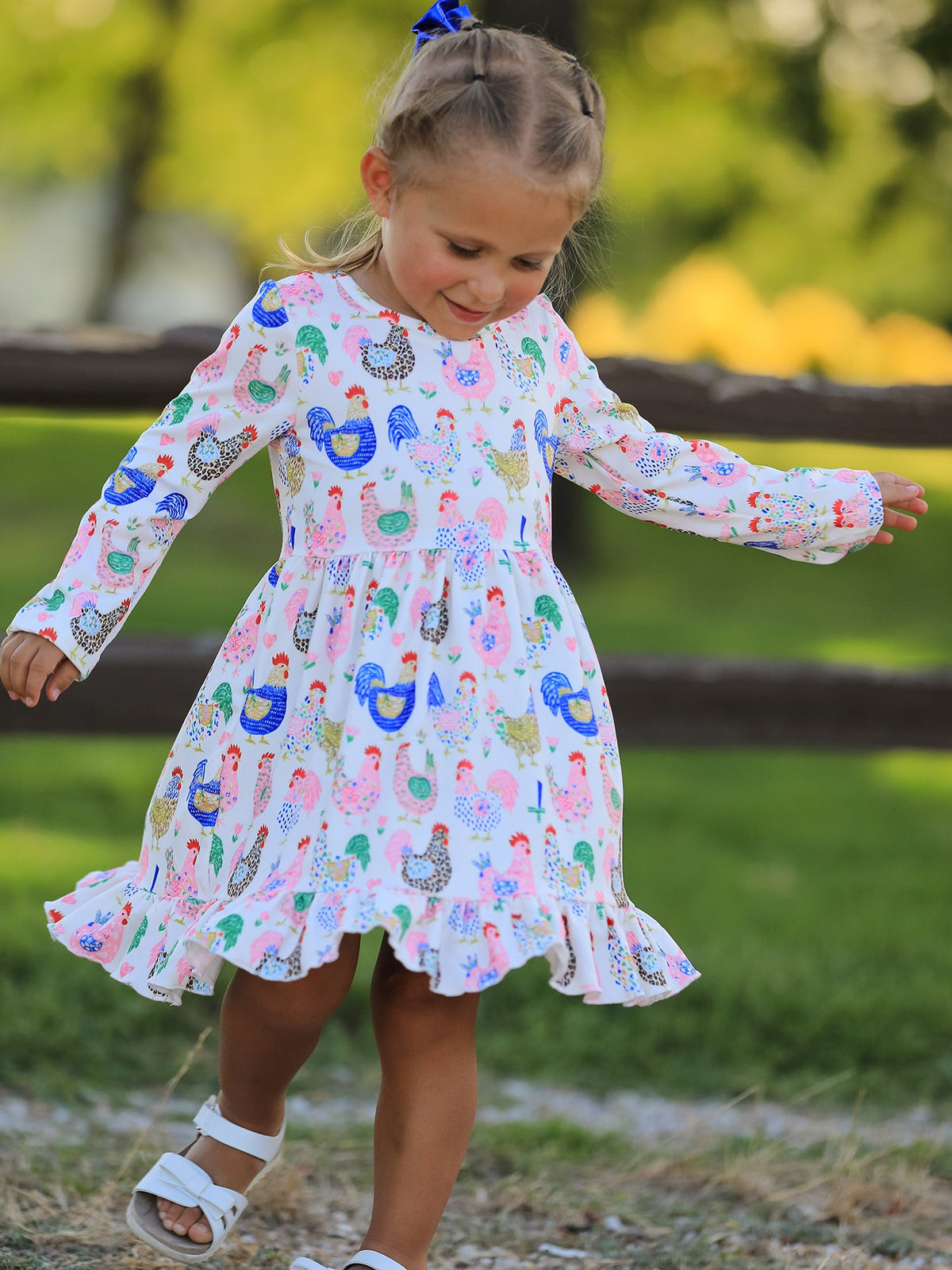 Girls Fall Farm Chicken Print Ruffle Hem Twirl Dress