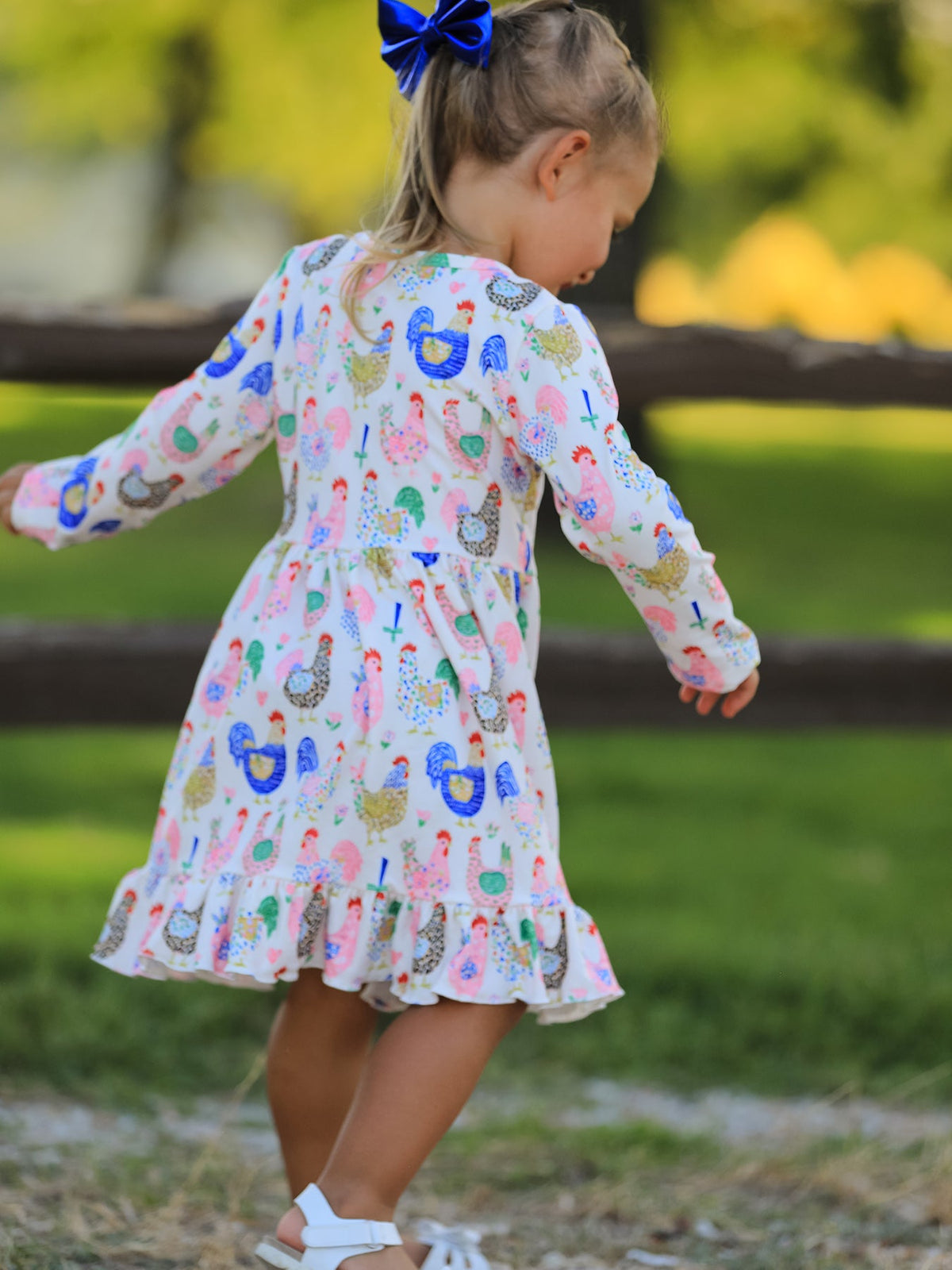 Girls Fall Farm Chicken Print Ruffle Hem Twirl Dress