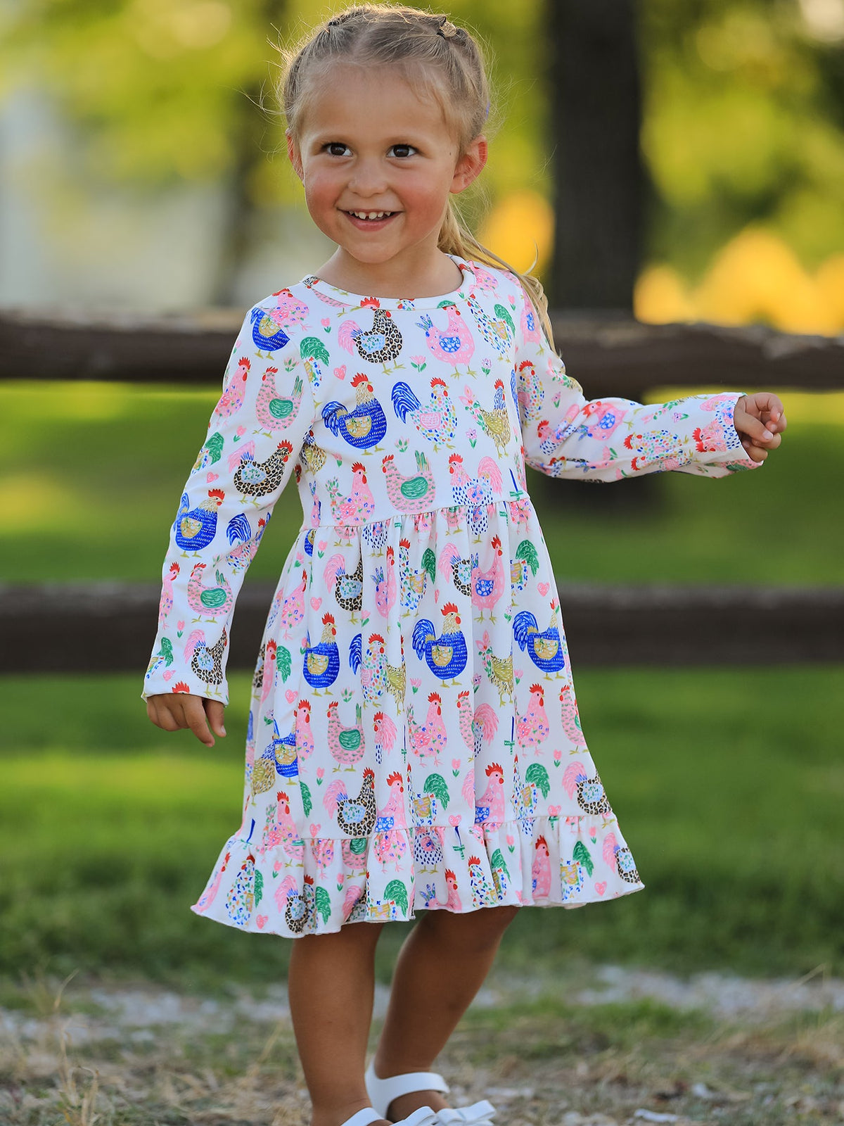 Girls Fall Farm Chicken Print Ruffle Hem Twirl Dress