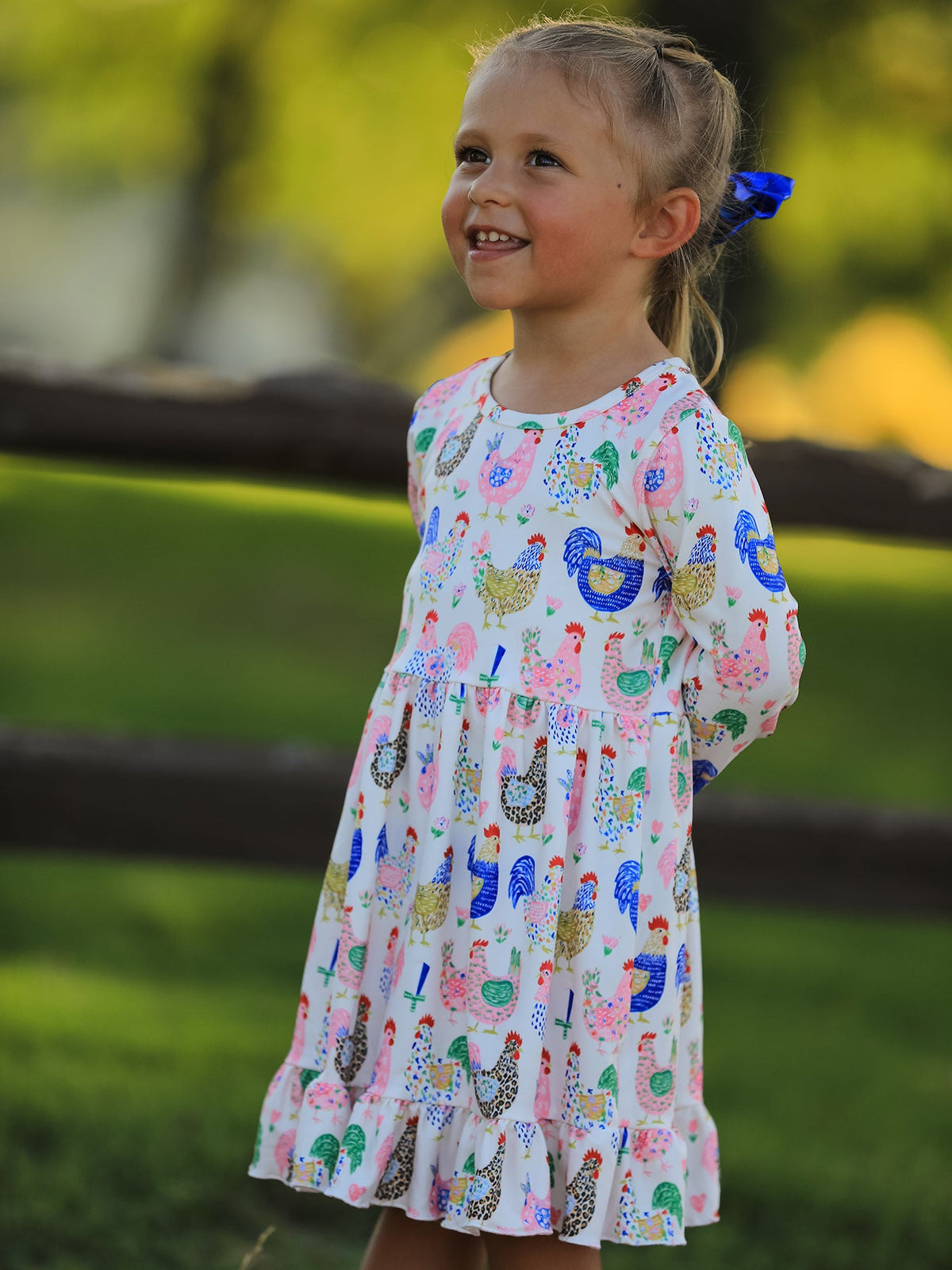 Girls Fall Farm Chicken Print Ruffle Hem Twirl Dress