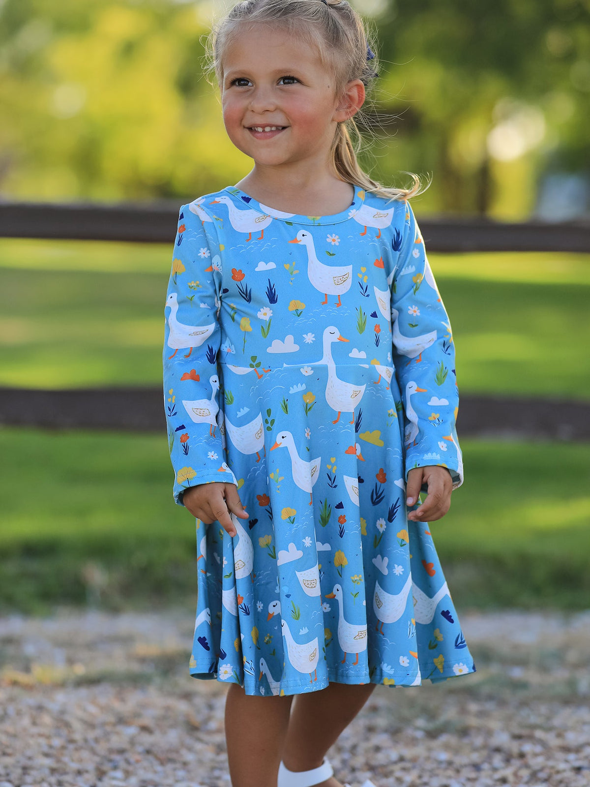 Girl's Fall Goose Print Girls Long Sleeve Twirl Dress
