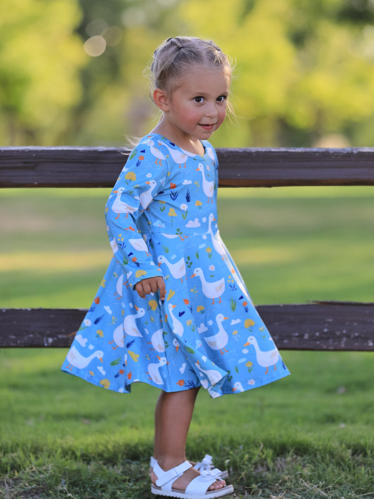 Girl's Fall Goose Print Girls Long Sleeve Twirl Dress