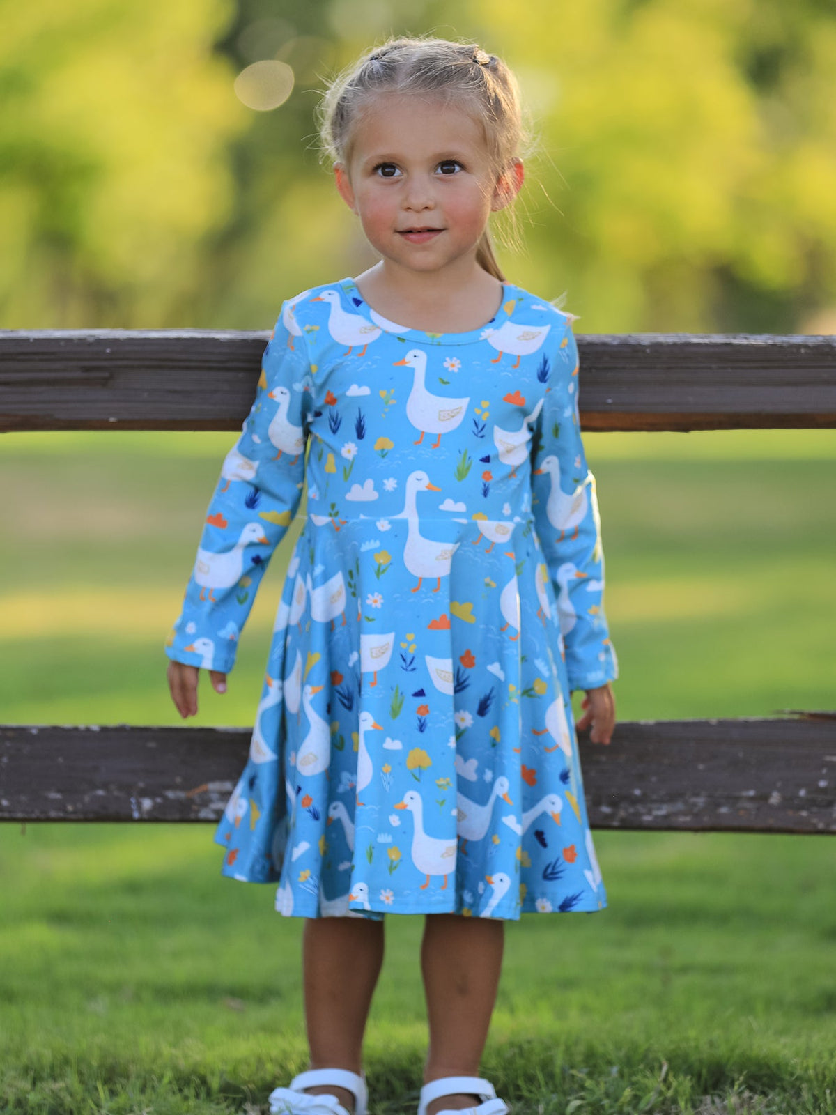 Girl's Fall Goose Print Girls Long Sleeve Twirl Dress