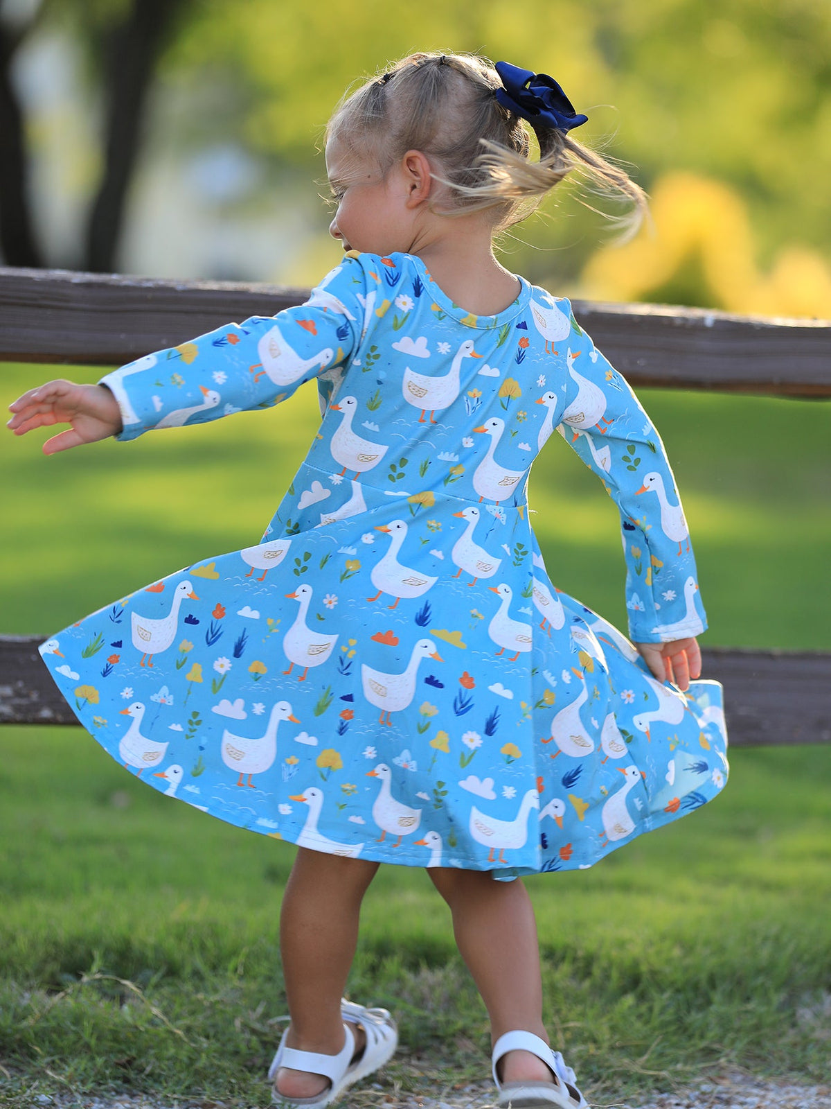 Girl's Fall Goose Print Girls Long Sleeve Twirl Dress