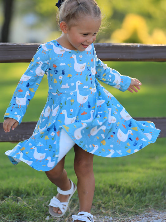 Girl's Fall Goose Print Girls Long Sleeve Twirl Dress