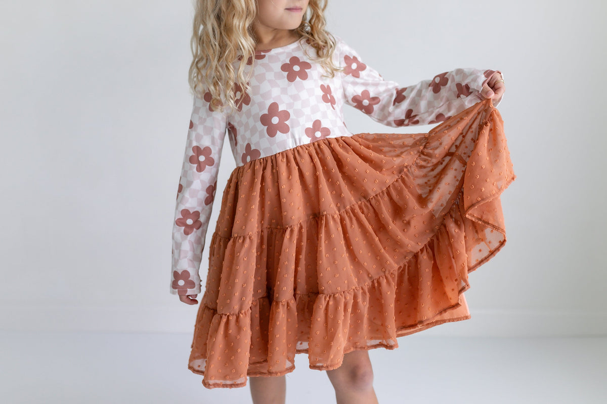 Girl's Taupe Long Sleeve Flower Checkered Swiss Dot Tulle Dress