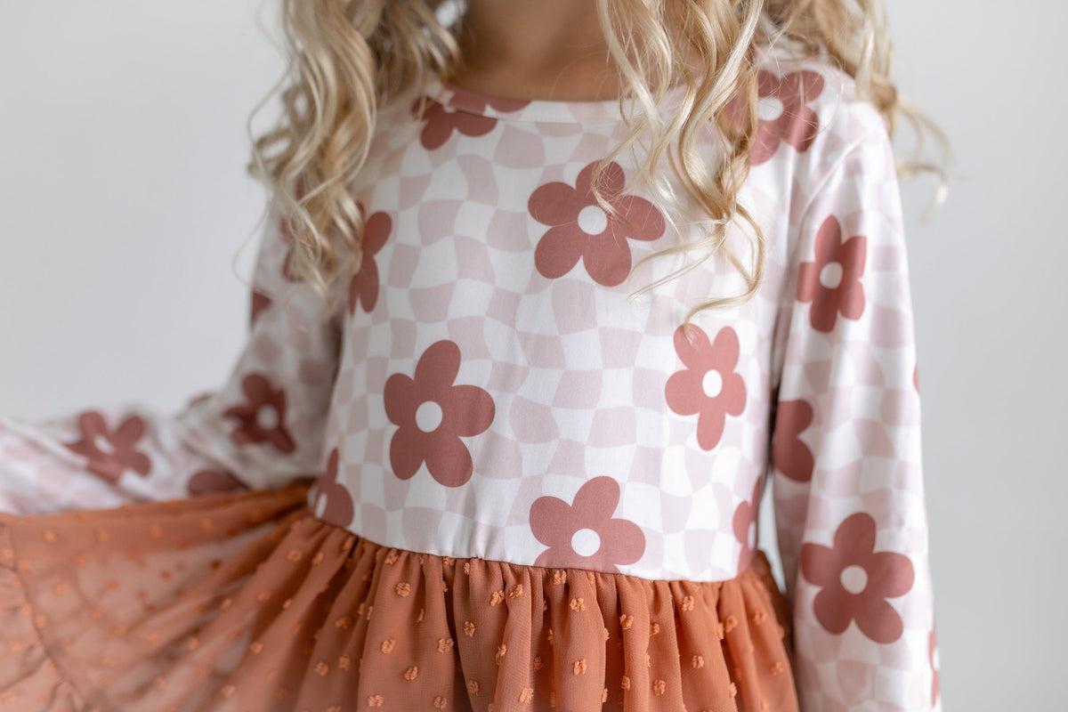 Girl's Taupe Long Sleeve Flower Checkered Swiss Dot Tulle Dress
