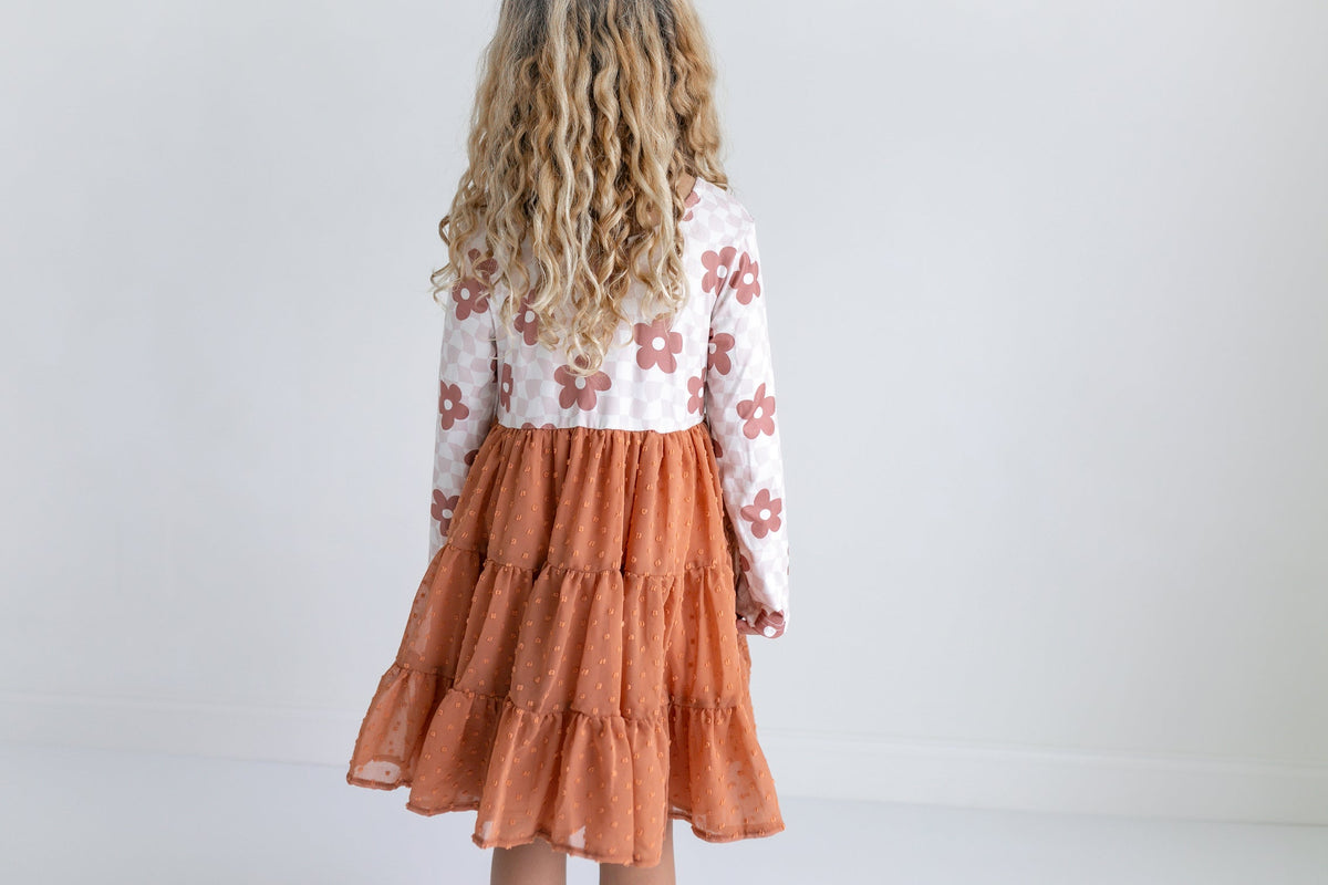 Girl's Taupe Long Sleeve Flower Checkered Swiss Dot Tulle Dress