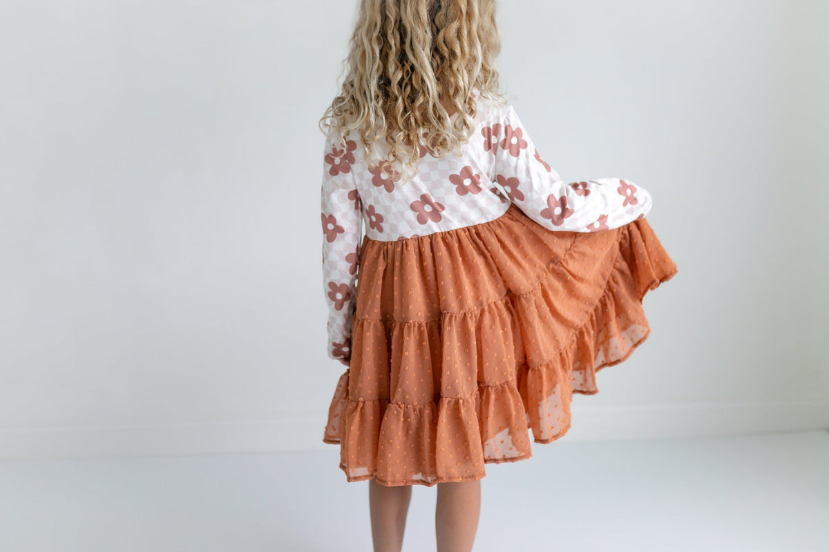 Girl's Taupe Long Sleeve Flower Checkered Swiss Dot Tulle Dress