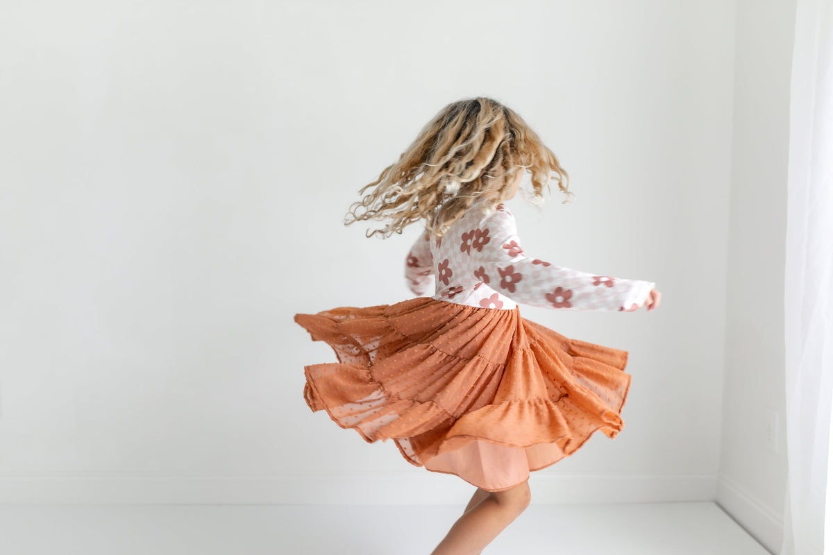 Girl's Taupe Long Sleeve Flower Checkered Swiss Dot Tulle Dress