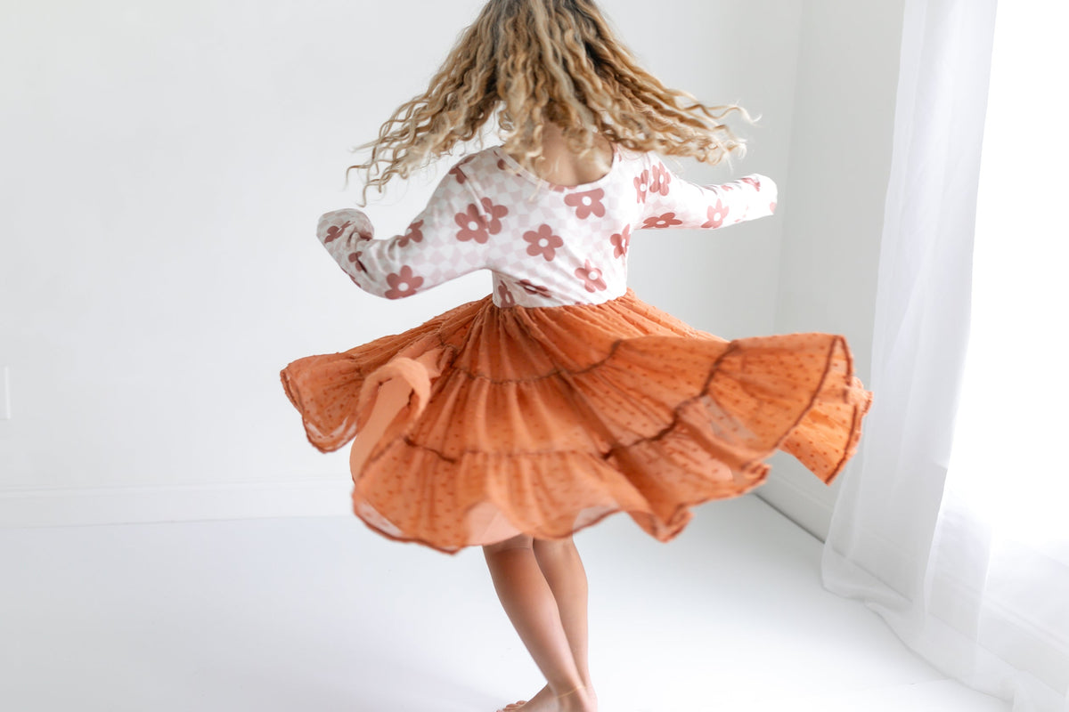 Girl's Taupe Long Sleeve Flower Checkered Swiss Dot Tulle Dress