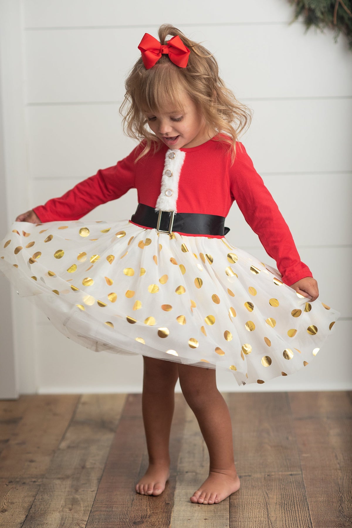 Girl's Christmas Santa Gold Dot Tulle Dress