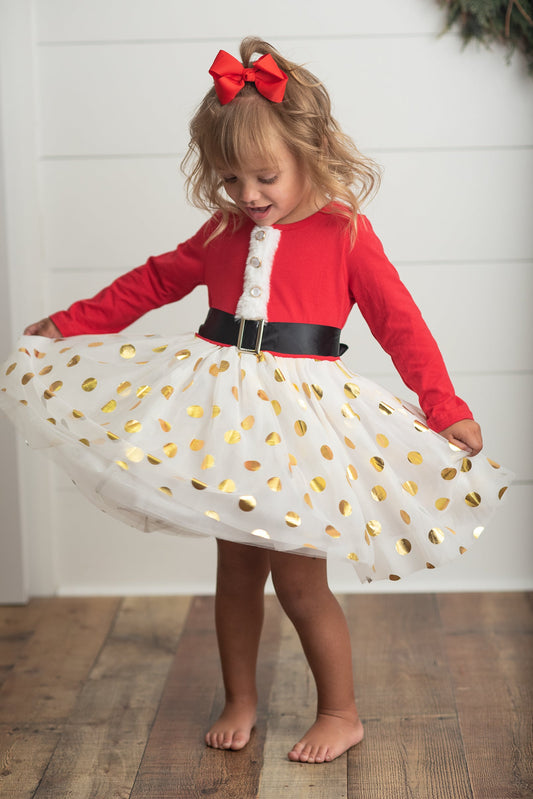 Girl's Christmas Santa Gold Dot Tulle Dress