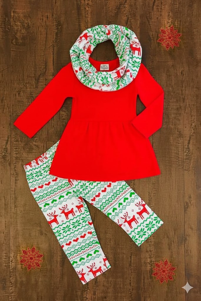 Girl's Christmas Reindeer 3 Piece Infinity Scarf Boutique Outfit