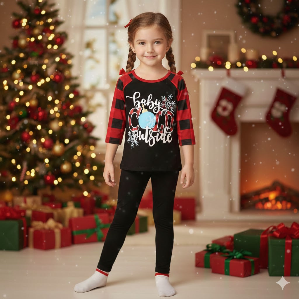 Girl's Baby Its Cold Outside Buffalo Plaid Raglan Tee Shirt