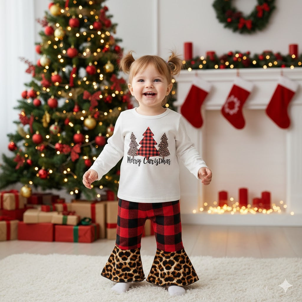 Girls' Merry Christmas Trees Leopard & Buffalo Plaid Bell Bottom Set