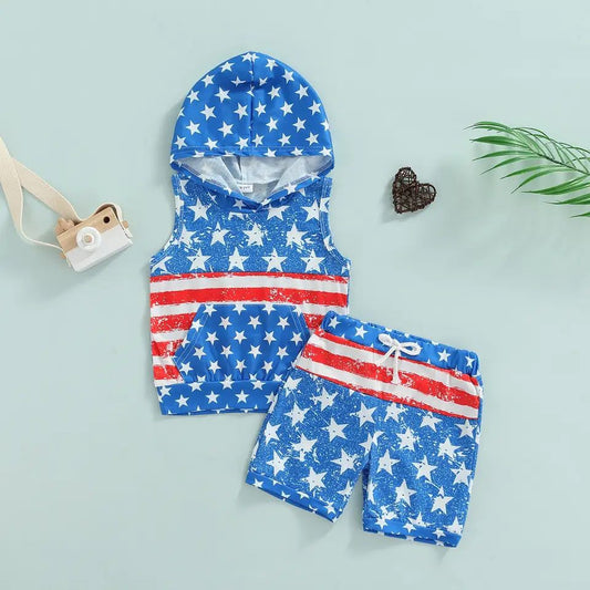 Boy's Distressed Patriotic Stars and Stripes Hooded Outfit