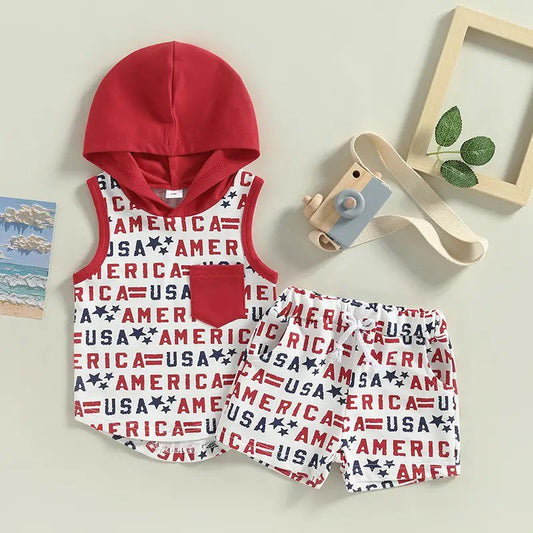 Boy's Patriotic America Print Hooded Tank Outfit