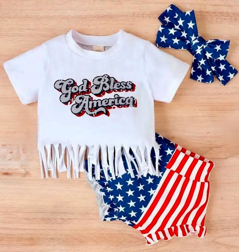 Girl’s Fourth of July “God Bless America” Bummy Outfit – Patriotic Baby Girl Fringe Top & Bow Set