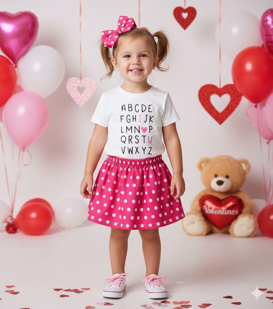 Girl’s Valentine’s Day ABC I Love You outfit with cotton shirt and pink polka dot skirt