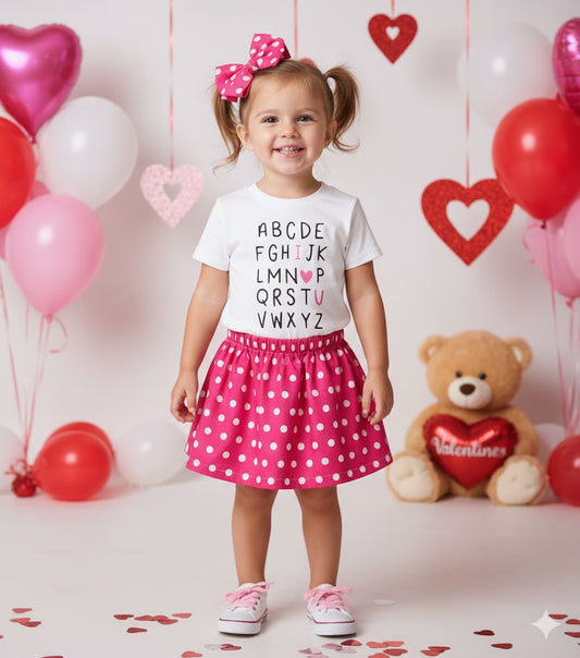 Girl’s Valentine’s Day ABC I Love You outfit with cotton shirt and pink polka dot skirt
