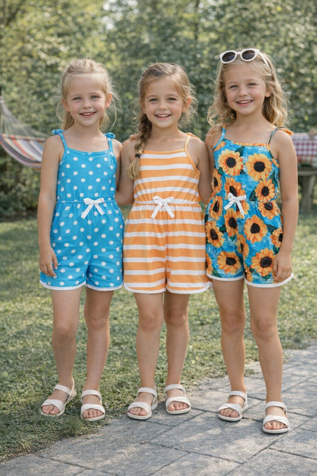 Girl's Summer Sleeveless Romper- Blue Dots/Orange Stripes/Blue Sunflowers