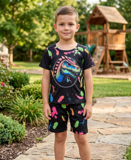 Boy's Neon Paint Splatter Dinosaur Outfit