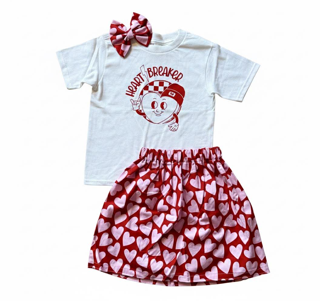 Heart Breaker Valentine's Day Outfit – Handmade Cotton Shirt, Skirt & Bow Set