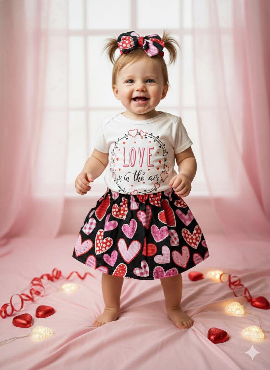 Handmade Toddler Girl Valentine Outfits – Black with Hearts Skirt Collection