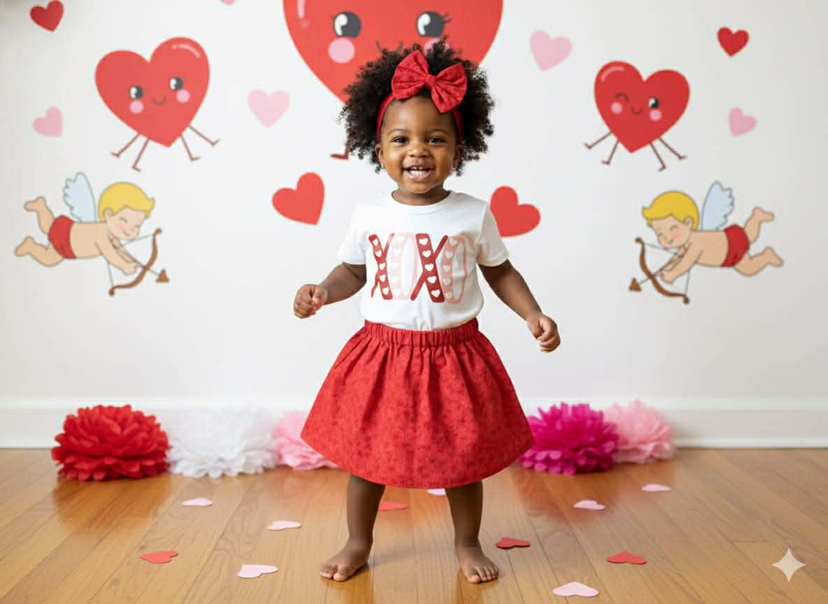 Girl's Handmade Red Floral Print Valentine's Day Outfits