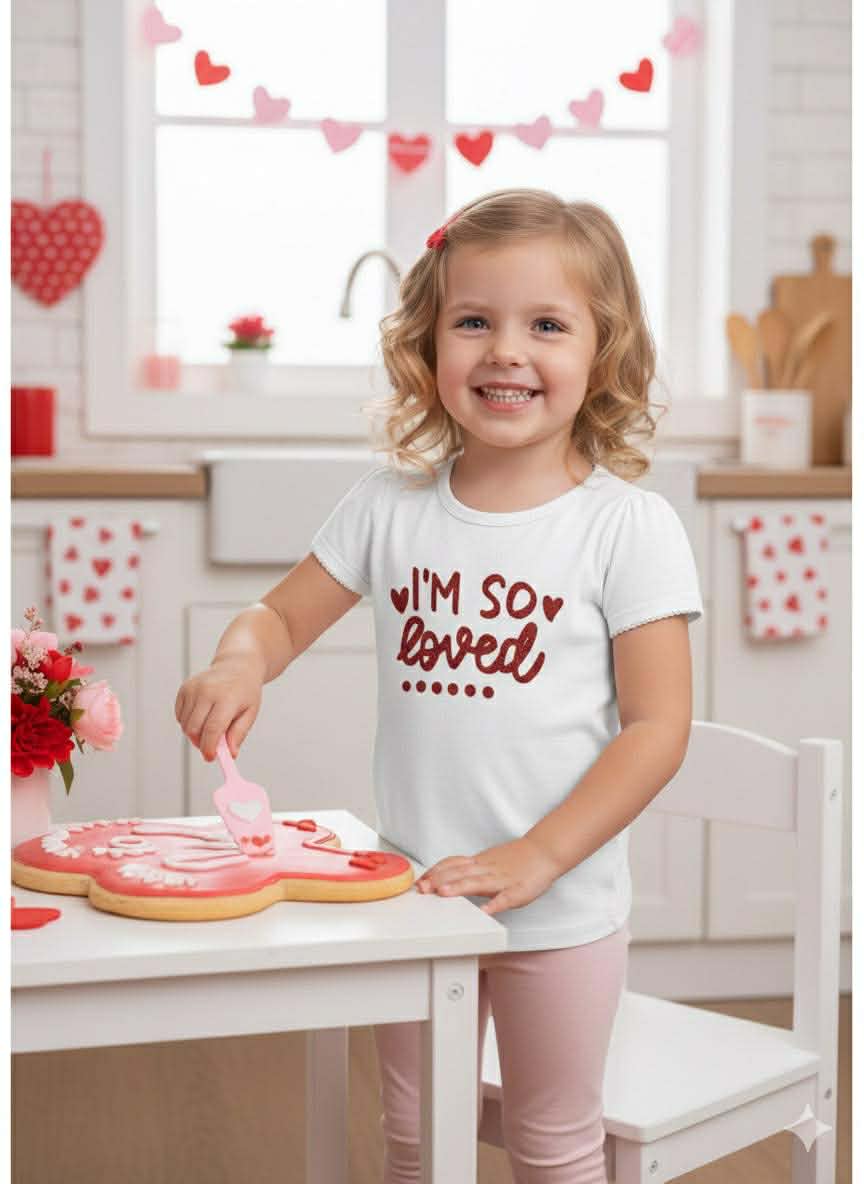 Girls Valentine's Day “I’m So Loved” Handmade Glitter Vinyl Shirt – Short & Long Sleeve Options