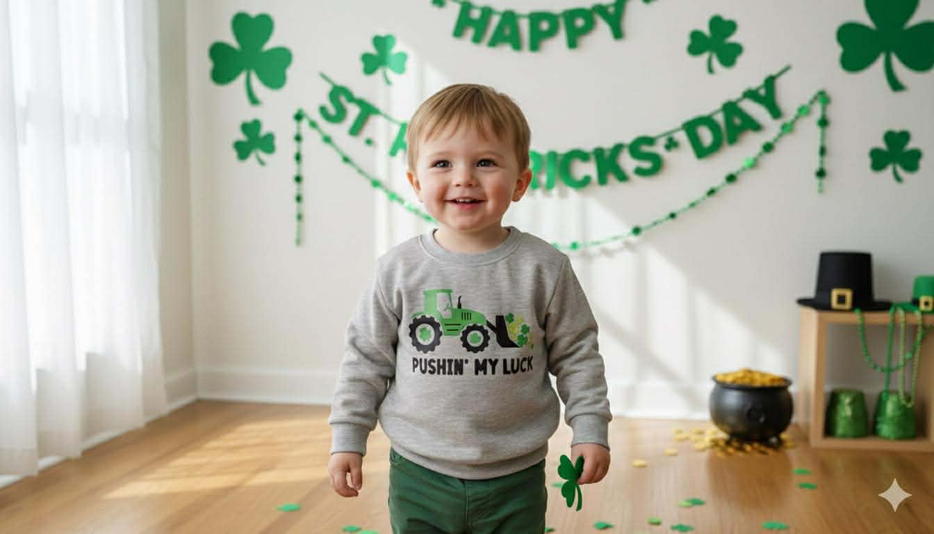 Boys’ St. Patrick’s Day “Pushin’ My Luck” Tractor Design Sweatshirt 