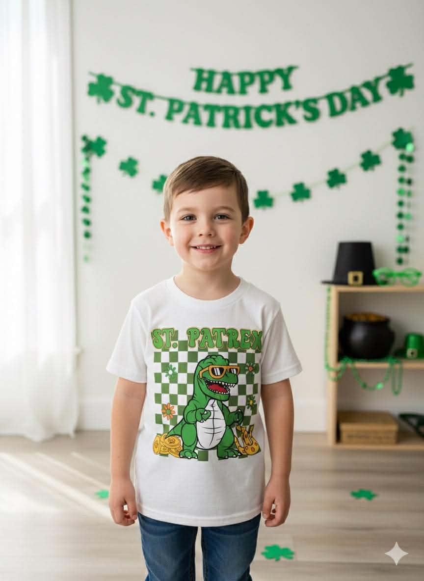 Boys’ Handmade “St. Patrex” Dino St. Patrick’s Day Shirt 