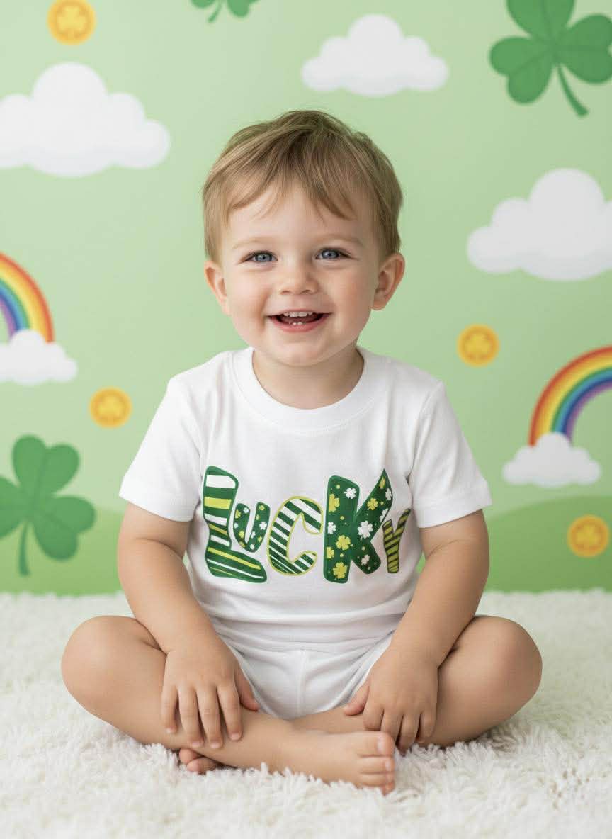 Child wearing a 'Lucky' shirt with a St. Patrick's Day-themed background