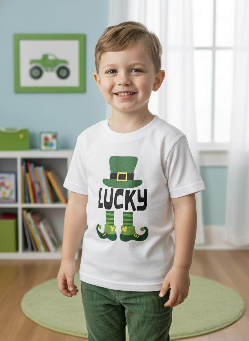 Child wearing a white t-shirt with a green hat and 'Lucky' text in a room with books and toys.