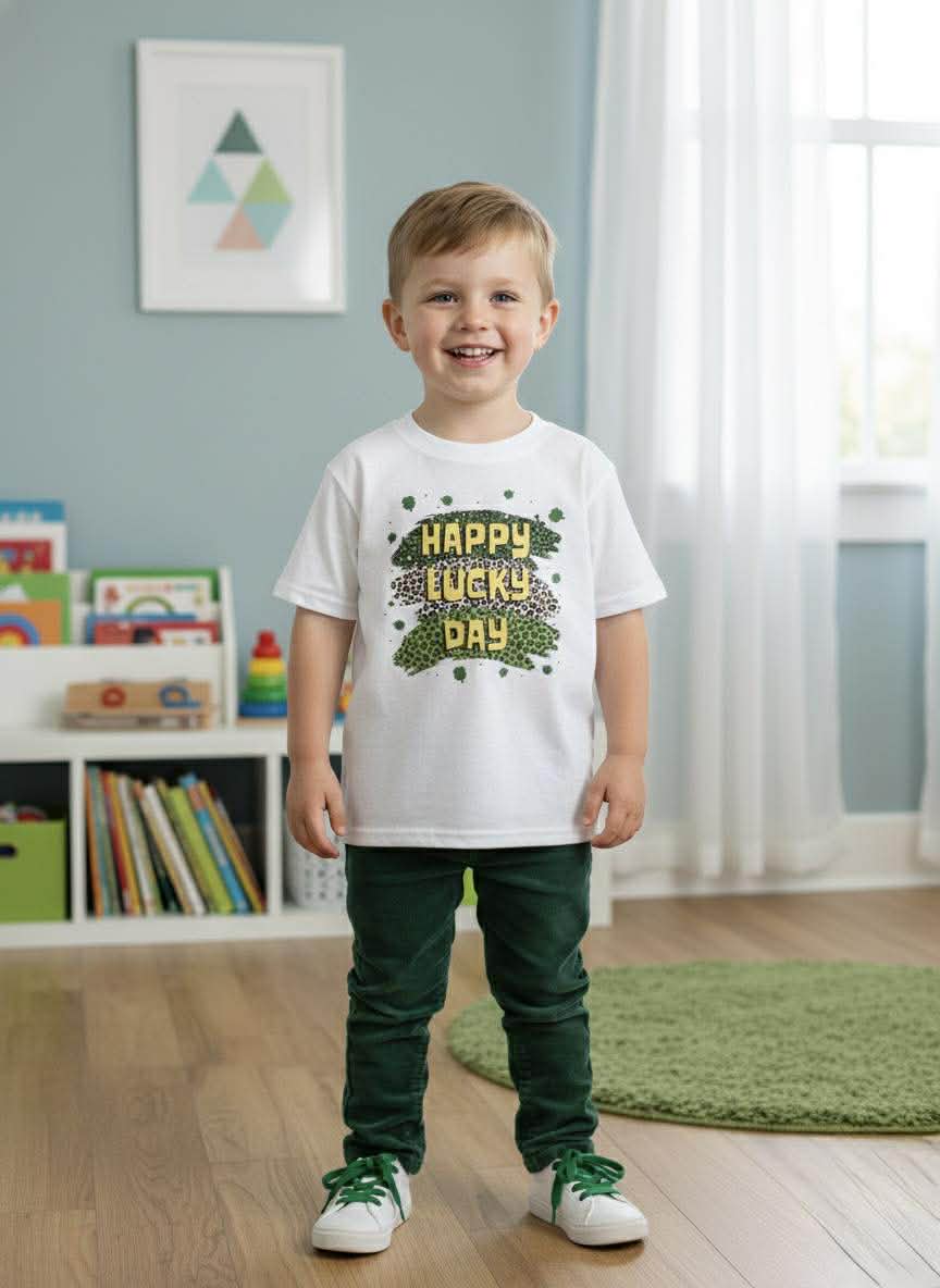 Child wearing a 'Happy St. Patrick's Day' shirt in a room with books and toys.