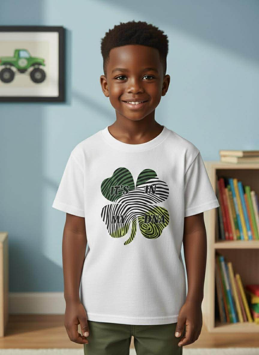 Child wearing a white t-shirt with a green shamrock design in a room with books and a toy truck.