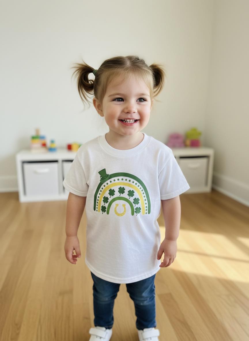 Child wearing a white t-shirt with a graphic design in a room with wooden flooring and white walls.