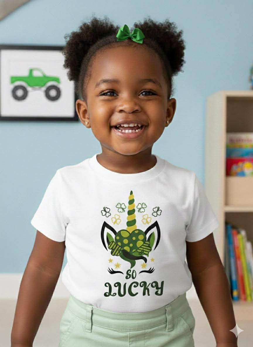 Child wearing a white t-shirt with a green and black design and text, standing in a room with books and a toy truck on the wall.