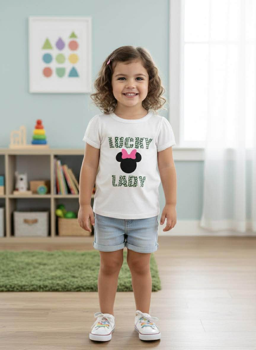 Child wearing a white t-shirt with 'Lucky Lady' design in a room with toys and books.