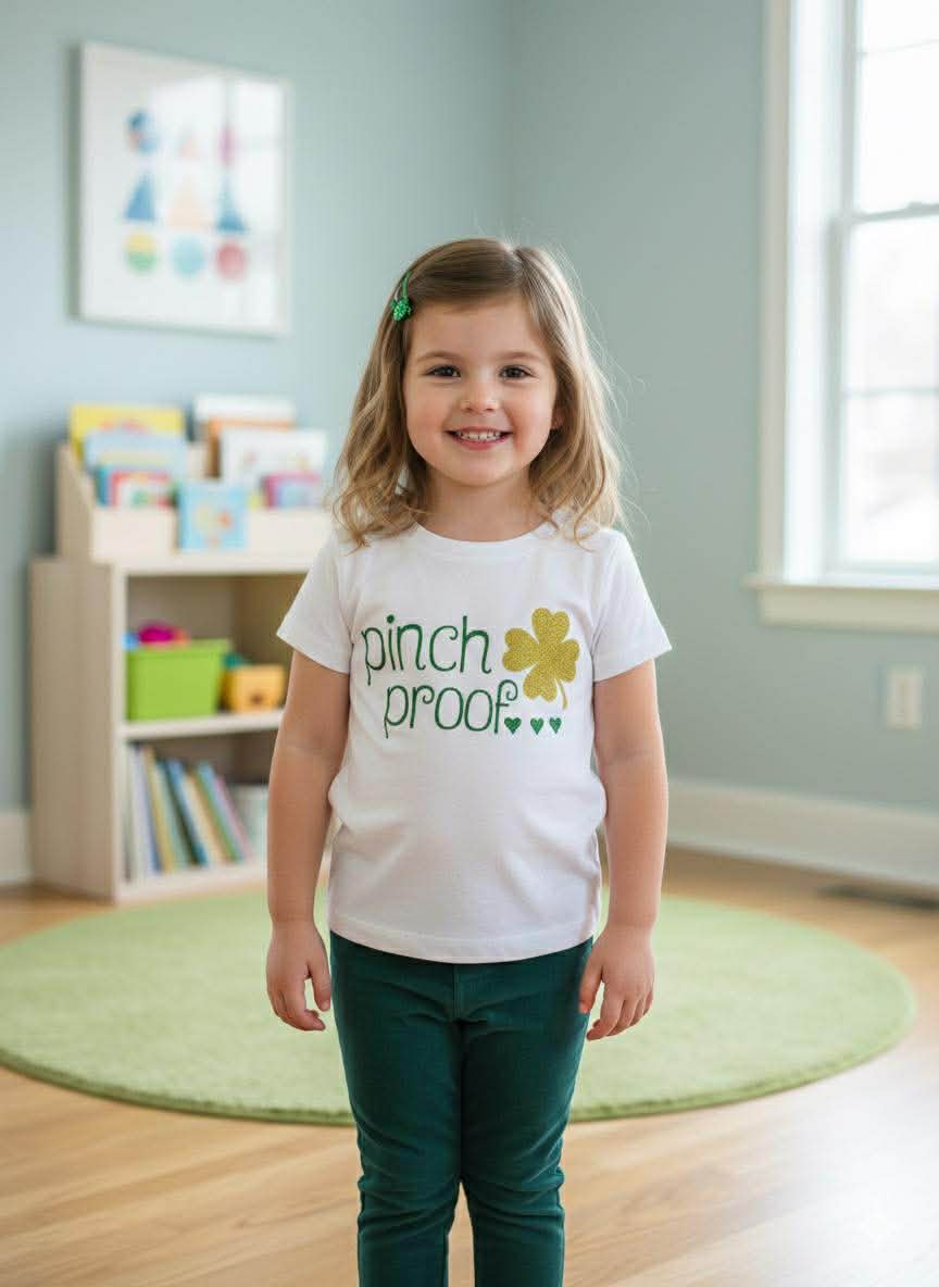 Young girl wearing a 'pinch proof' shirt in a room with a bookshelf and window.