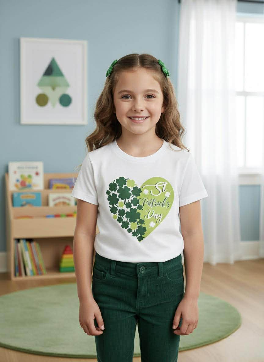 Young girl wearing a white t-shirt with a green heart design and 'St. Patrick's Day' text in a room with books and a toy.