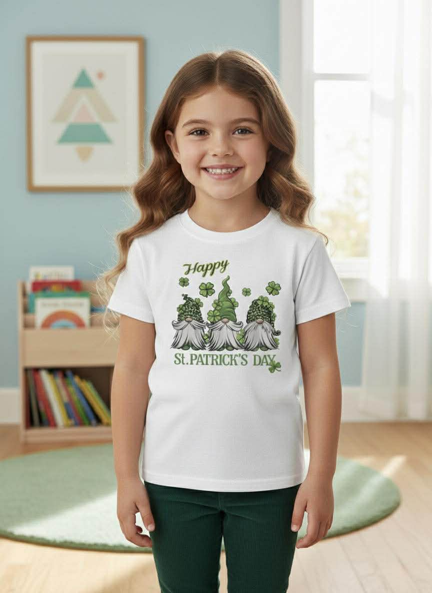 Young girl wearing a St. Patrick's Day t-shirt in a room with books and a picture frame.
