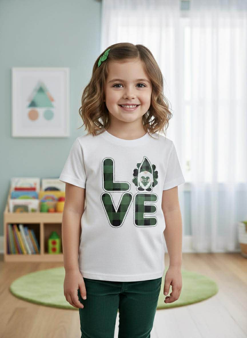 Young girl wearing a white t-shirt with a green graphic and 'LOVE' text in a room with books and a rug.