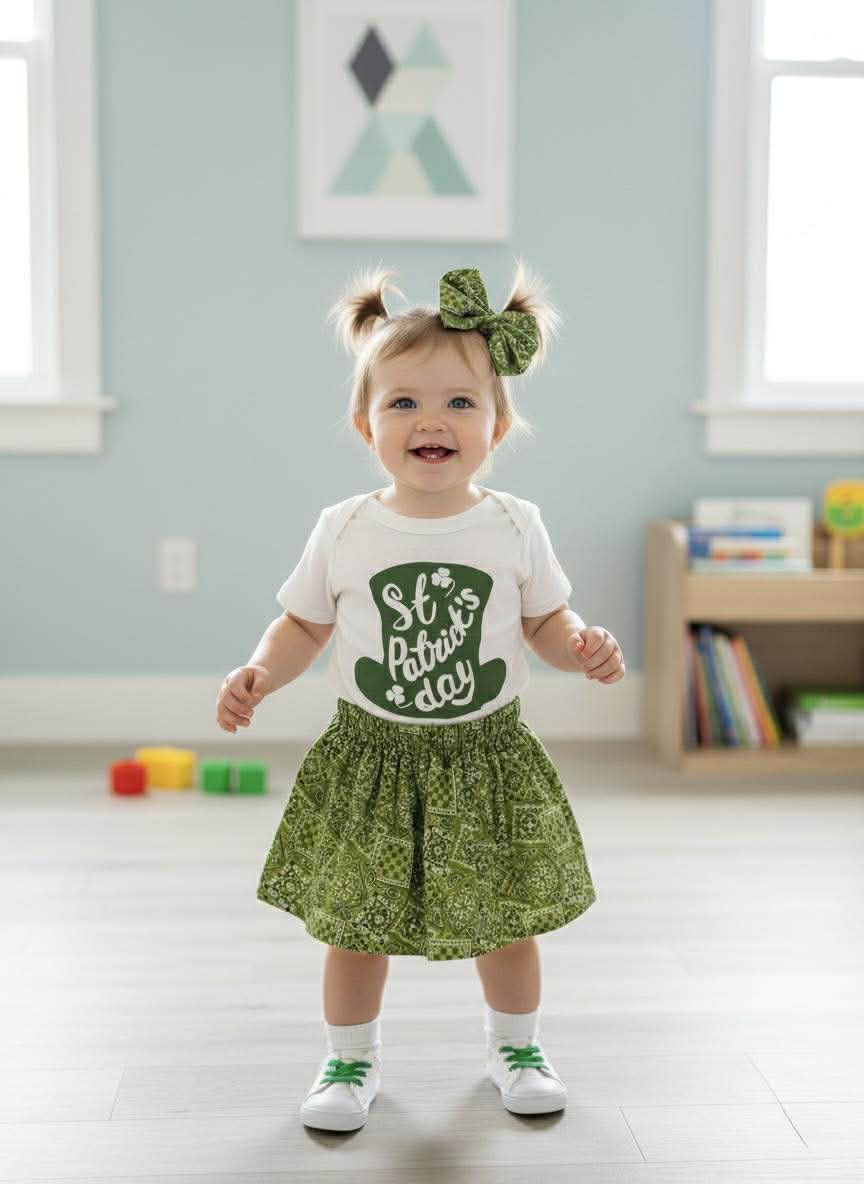 Child wearing a St. Patrick's Day outfit in a room with light blue walls and a bookshelf.