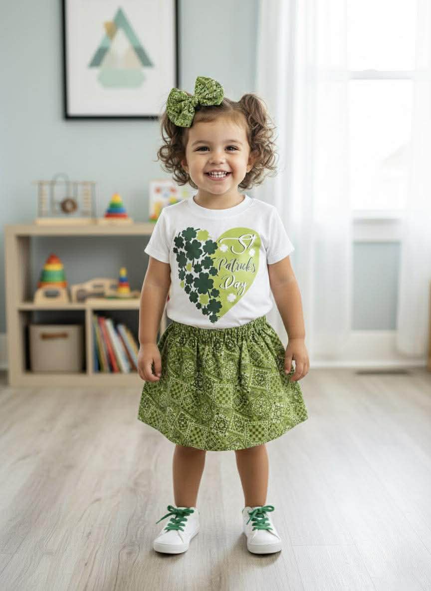 Child wearing a white t-shirt with a green heart design and a green skirt in a room with toys and books.