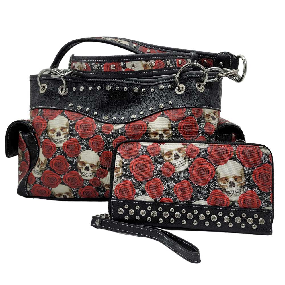 Skull and Roses Shoulder Bag Purse and Wallet Set